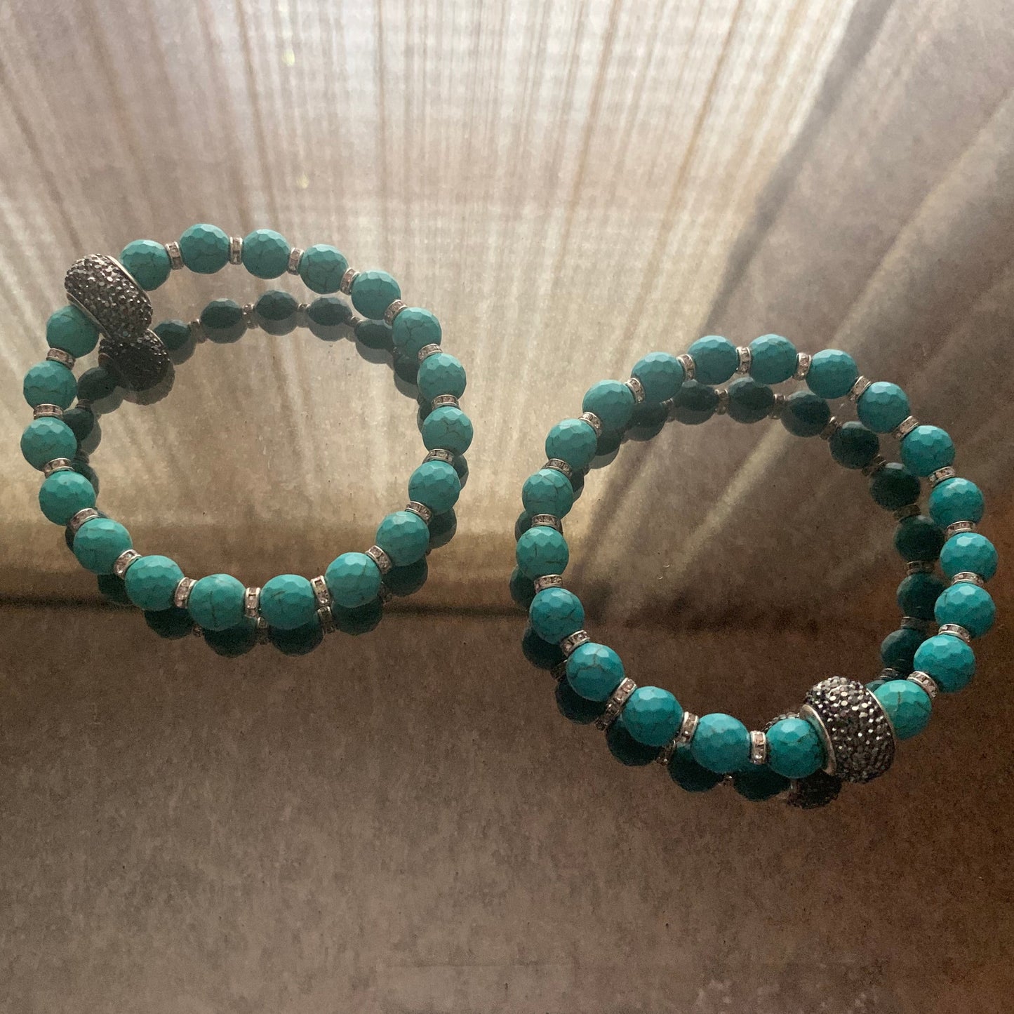Bracelet/Natural Turquoise Beads, Mini Rhinestone and Large Pave' Spacers
