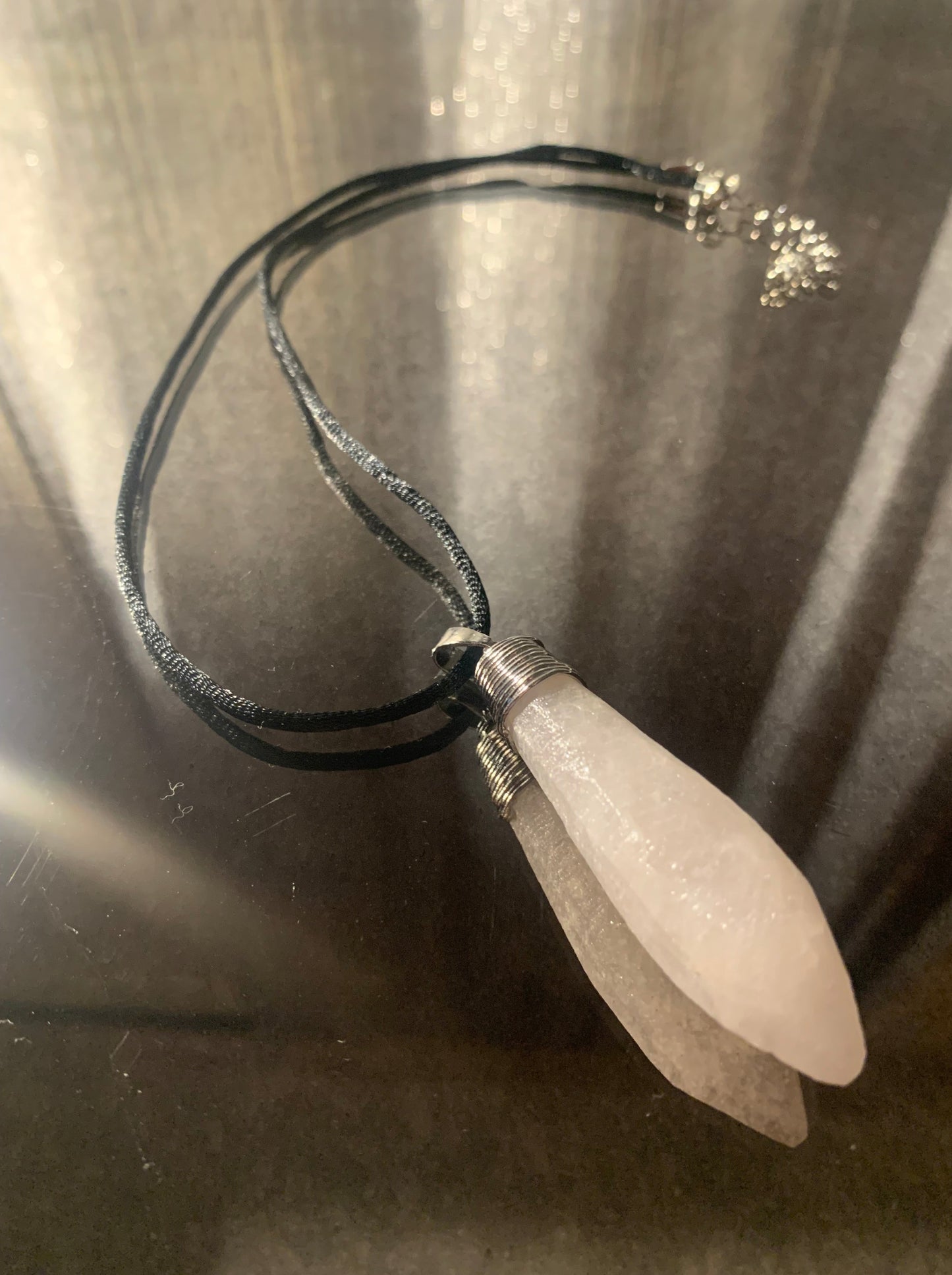 Necklace, Natural Crystal Coned Shaped Stone Wired Pendant Accented with Ivory Nylon Ribbon and Cords 18" Necklace with lobster clasp and extension chain