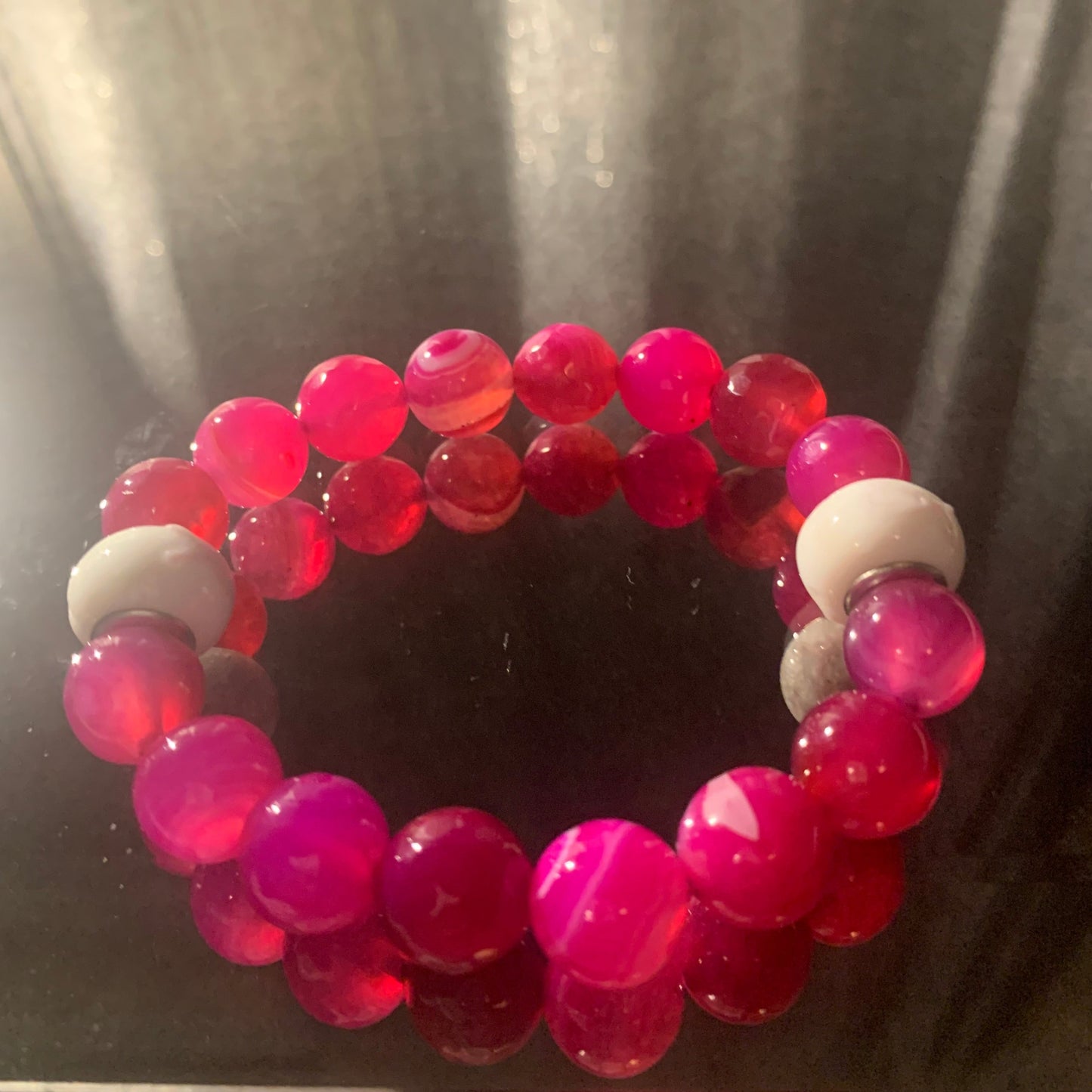 Bracelet/Shades of PINK, Breast Cancer Awareness Bracelet, Fancy Glass Beads Accented with White with Ribbon Spacers.