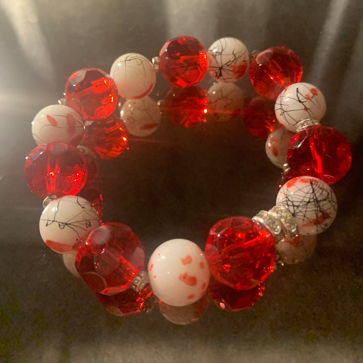 Bracelet/Delta SigmaTheta Sorority Stylish Fashion Bracelet of Red Glass Beads, Mini Rhinestone and Pave' Spacers.