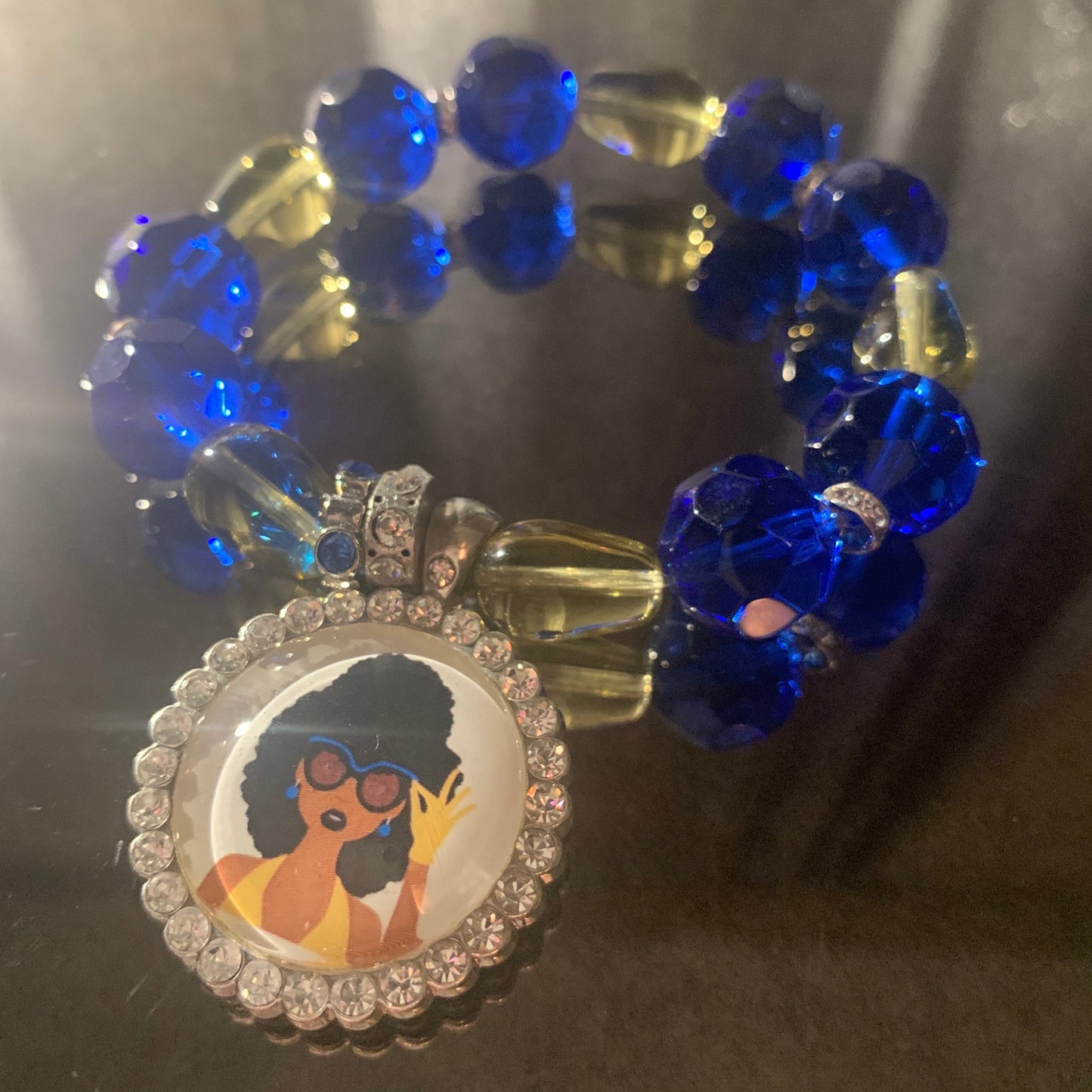 Bracelet/Sigma Gamma Rho Sorority Stunning Arm Candy of Blue and Gold Glass Beads with Rhinestone Accent Charm.