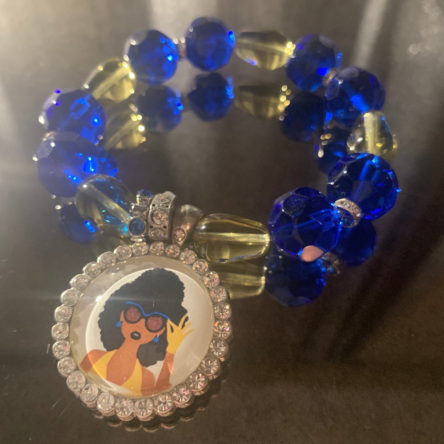 Bracelet/Sigma Gamma Rho Sorority Stunning Arm Candy of Blue and Gold Glass Beads with Rhinestone Cross and Accent Charms.