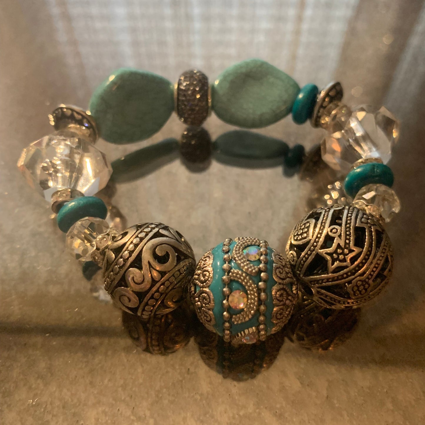 Bracelet/Trendy Fashion Metal and Turquoise Beads and Pave' Bling Spacer.