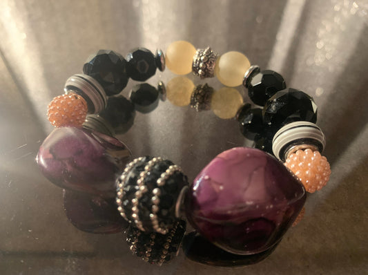 Bracelet, Classic Fashion Purple and Black Glass Beads and Trendy Spacers.