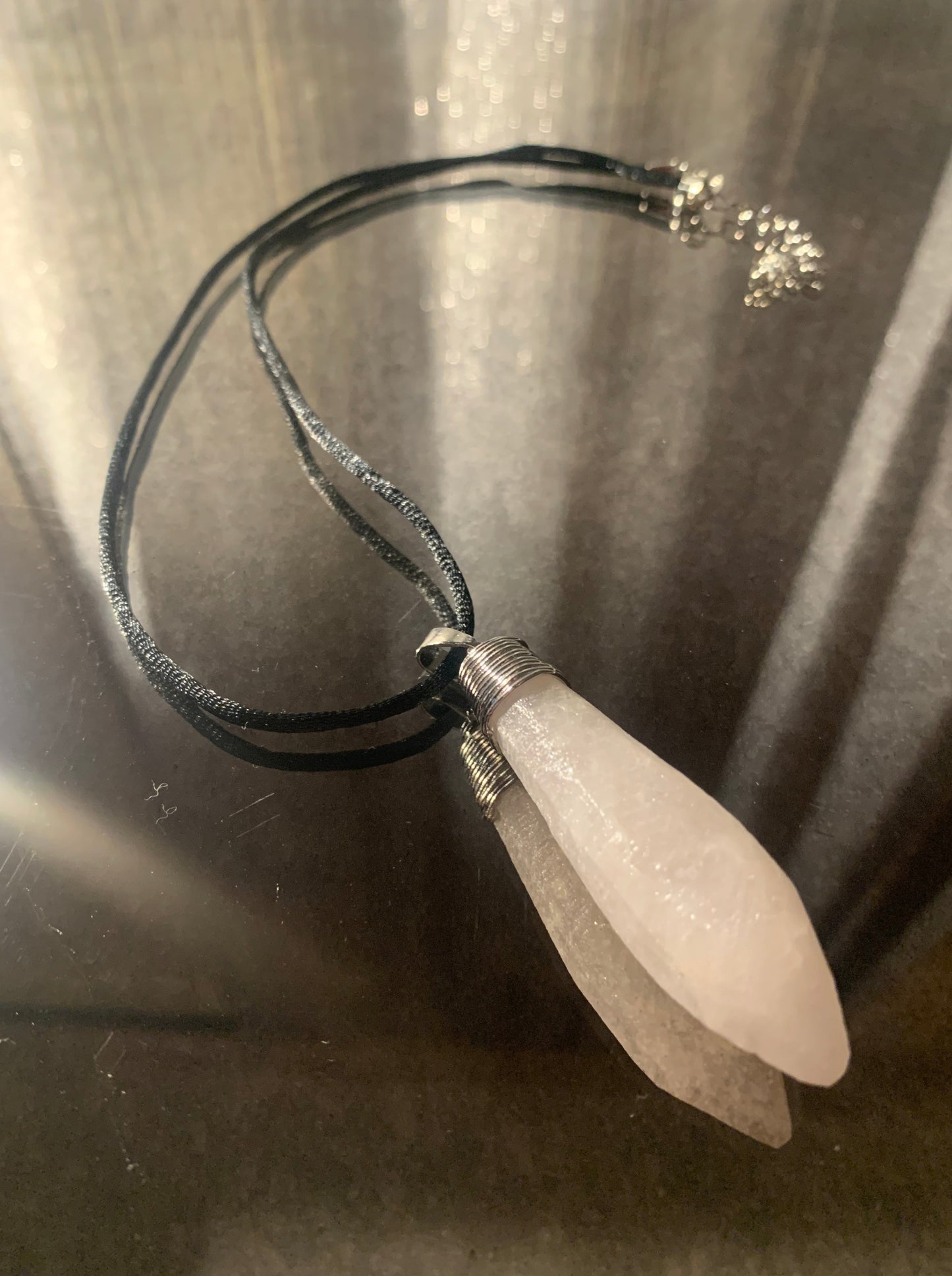 Necklace, Natural Crystal Cone Shaped Pendant Wire Wrapped Accented with Black Nylon Cord 18" Necklace with lobster clasp and extension chain.