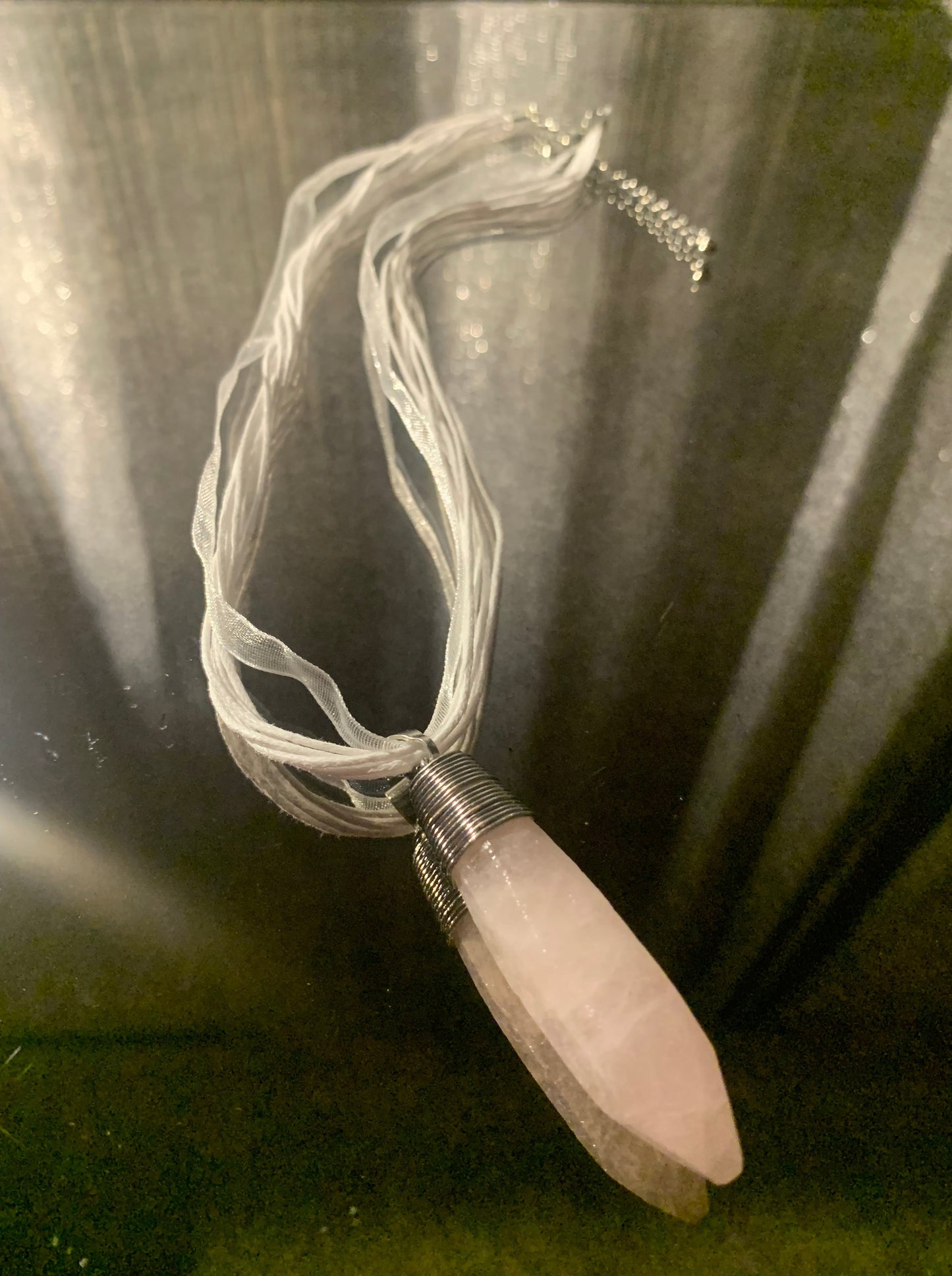 Necklace, Natural Crystal Cone Shaped Pendant Wire Wrapped Accented with Black Nylon Cord 18" Necklace with lobster clasp and extension chain.