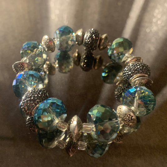 Bracelet/Crystal Teal Beads, Silver and Pave Bling Spacers