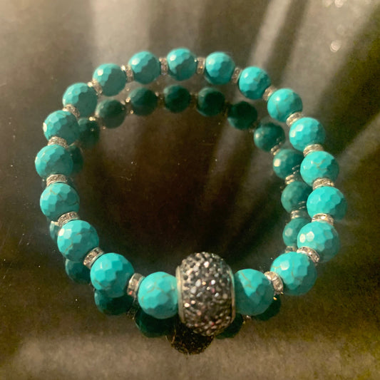 Bracelet/Natural Turquoise Beads, Mini Rhinestone and Large Pave' Spacers