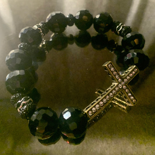 Bracelet/Black Crystal Glass Beads, Accented with Antique Metal Rhinestone Cross Charm and Black Mini Pave' Spacers.