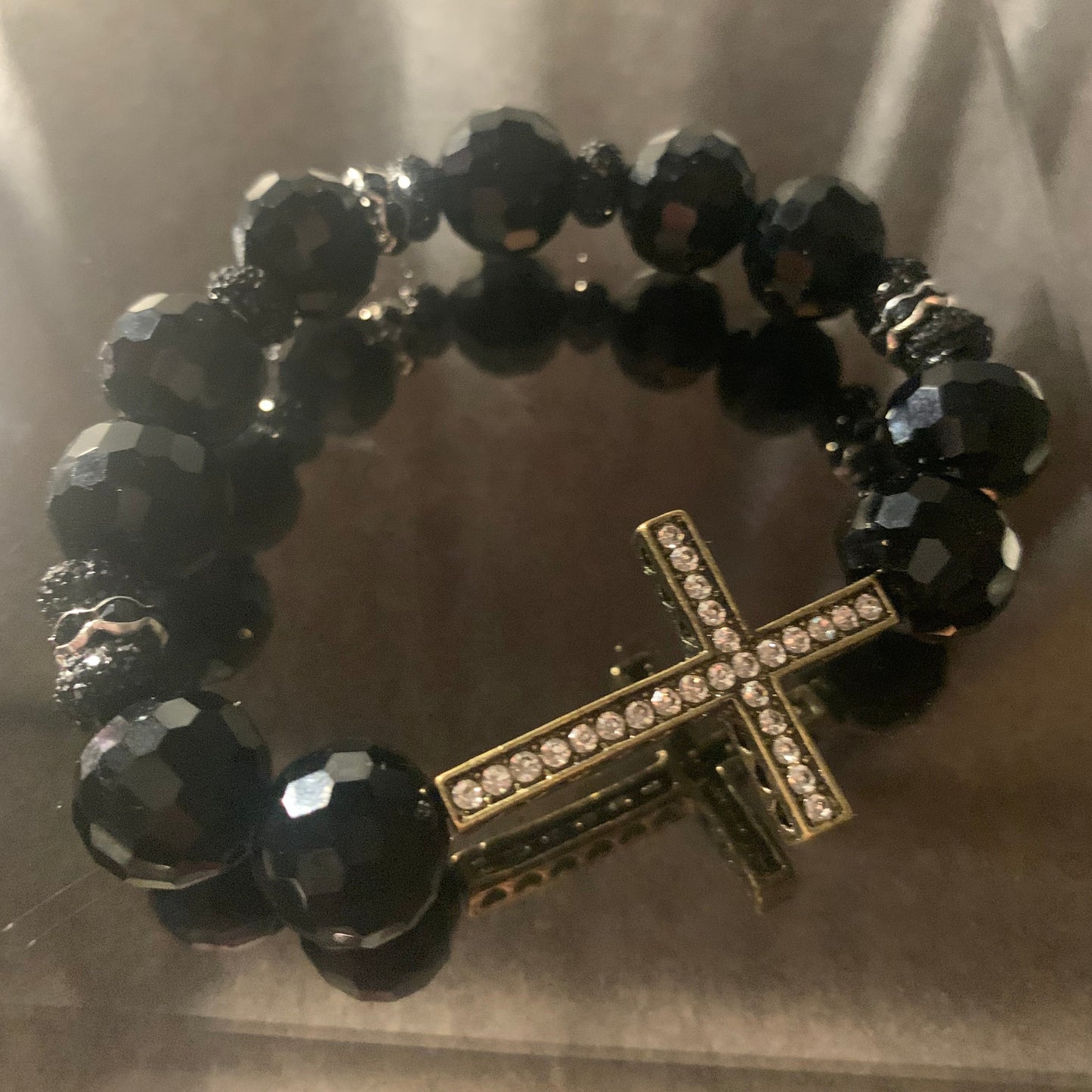 Bracelet/Black Crystal Glass Beads, Accented with Antique Metal Rhinestone Cross Charm and Black Mini Pave' Spacers.