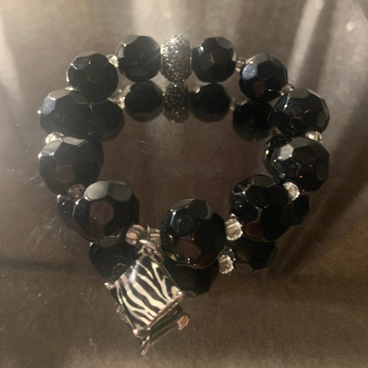 Bracelet/Stylish Black Crystal Glass Beads, Accented with Zebra Print Charm, Clear and Pave Spacers.