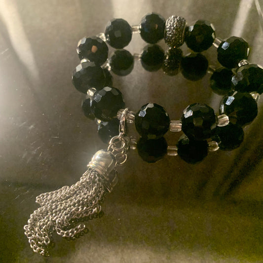 Bracelet/Elegant Black Crystal Glass Beads, Accented with Silver Tassel Charm, Clear and Pave' Spacers.