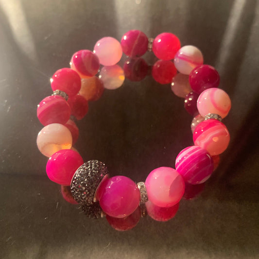 Bracelet/Shades of PINK, Breast Cancer Awareness Bracelet, Fancy Glass Beads Accented with Pave' Bling Spacer.