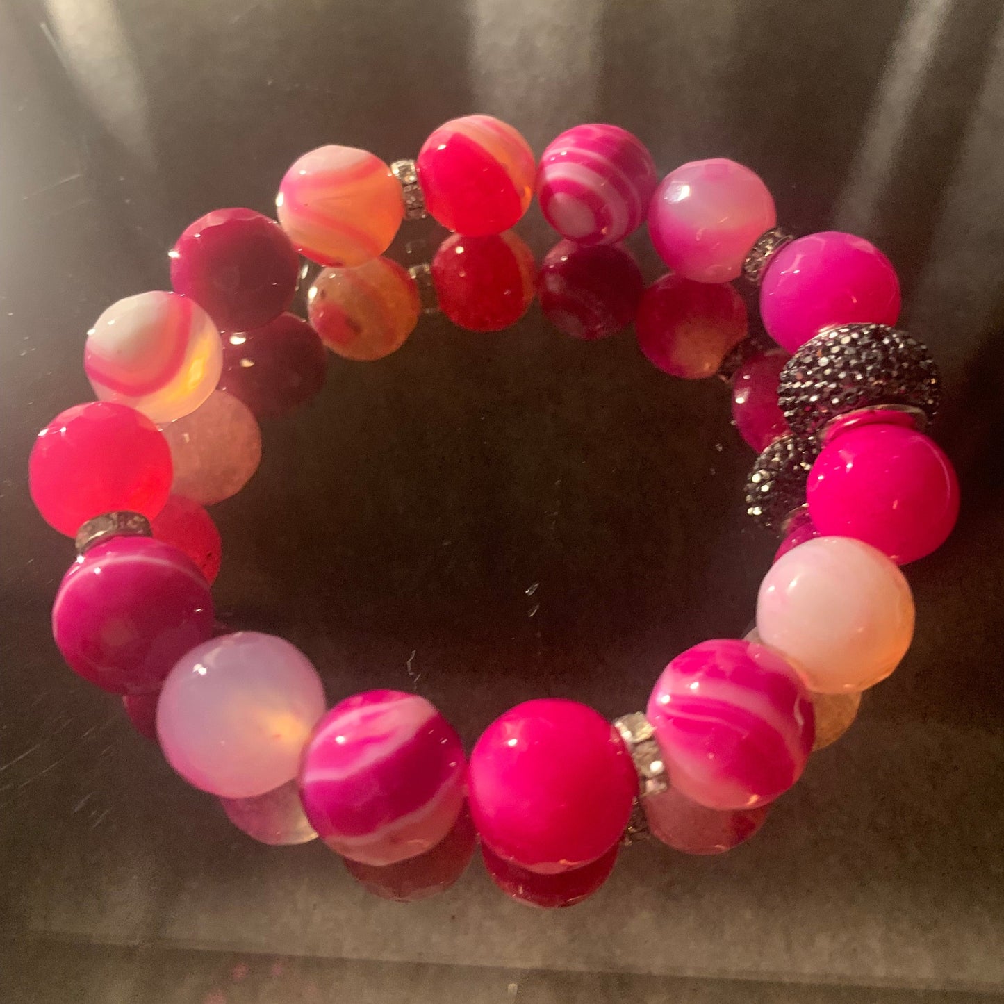 Bracelet/Shades of PINK, Breast Cancer Awareness Bracelet, Fancy Glass Beads Accented with Pave' Bling Spacer.