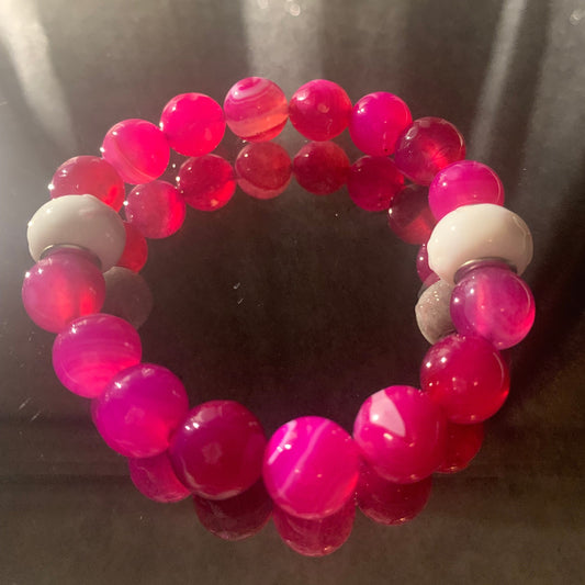 Bracelet/Shades of PINK, Breast Cancer Awareness Bracelet, Fancy Glass Beads Accented with White with Ribbon Spacers.