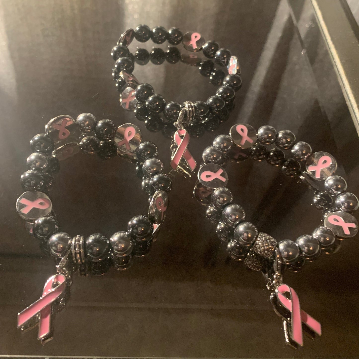 Bracelet/Breast Cancer Awareness Bracelet, Dark Silver Toned Metal Beads Accented with PINK Ribbon Charm and Spacers.