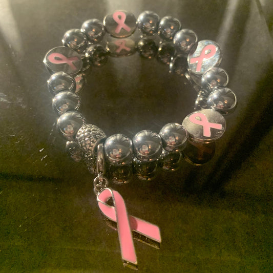 Bracelet/Breast Cancer Awareness Bracelet, Silver Toned Metal Beads Accented with PINK Ribbon Charm and Spacers.