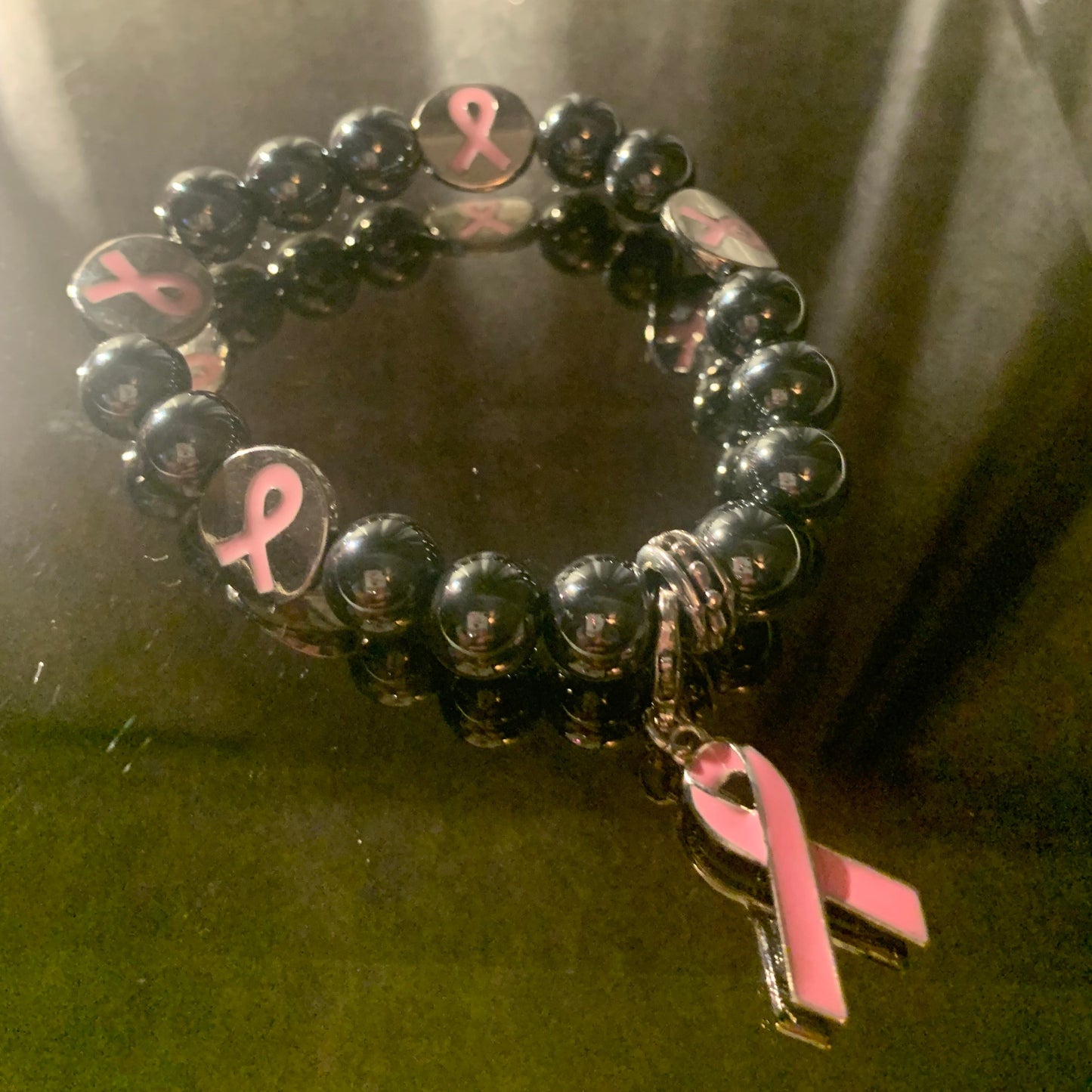 Bracelet/Breast Cancer Awareness Bracelet, Dark Silver Toned Metal Beads Accented with PINK Ribbon Charm and Spacers.