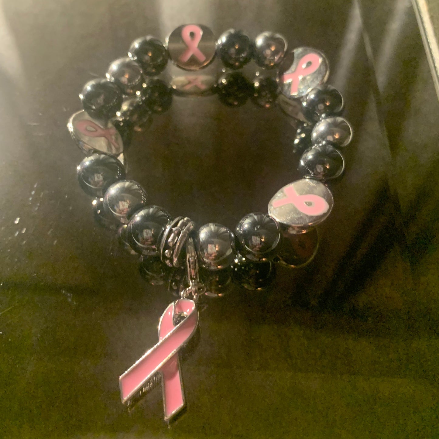 Bracelet/Breast Cancer Awareness Bracelet, Two Toned Metal Beads Accented with PINK Ribbon Charm and Spacers.