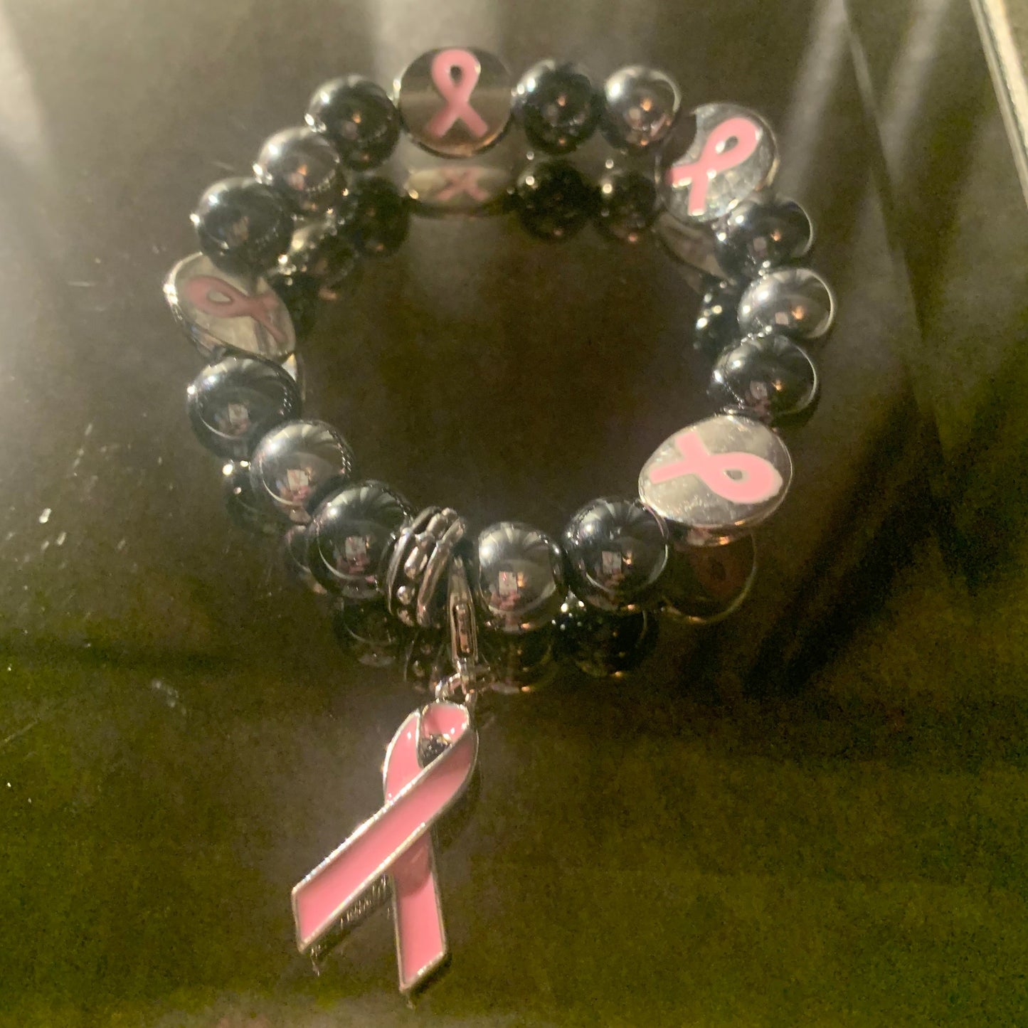 Bracelet/Breast Cancer Awareness Bracelet, Two Toned Metal Beads Accented with PINK Ribbon Charm and Spacers.