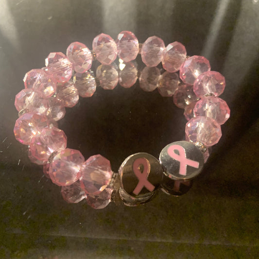 Bracelet/Breast Cancer Awareness Bracelet, PINK Crystal Glass Beads Accented with PINK Ribbon Spacers.