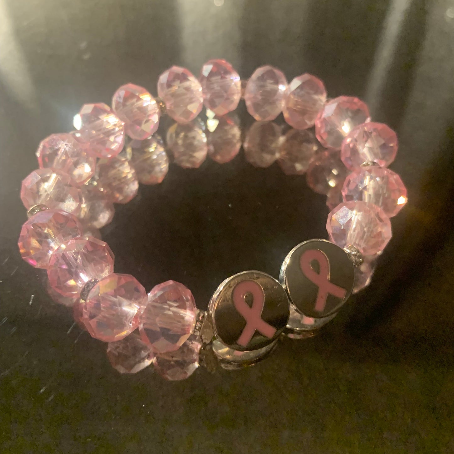 Bracelet/Breast Cancer Awareness Bracelet, PINK Crystal Glass Beads Accented with PINK Ribbon Spacers.