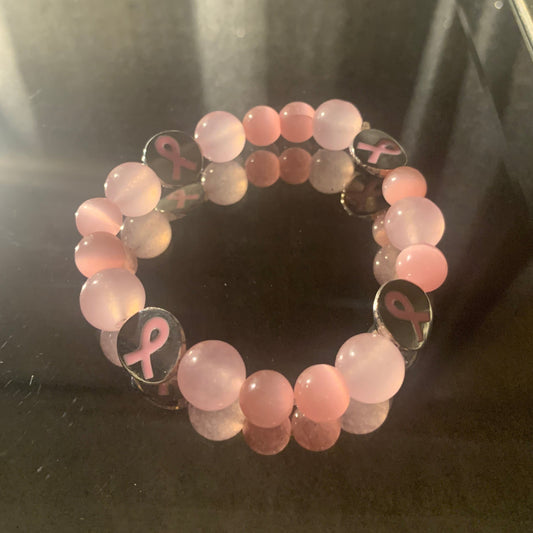 Bracelet/Breast Cancer Awareness Bracelet, Shades of PINK Glass Beads Accented with PINK Ribbon Spacers.