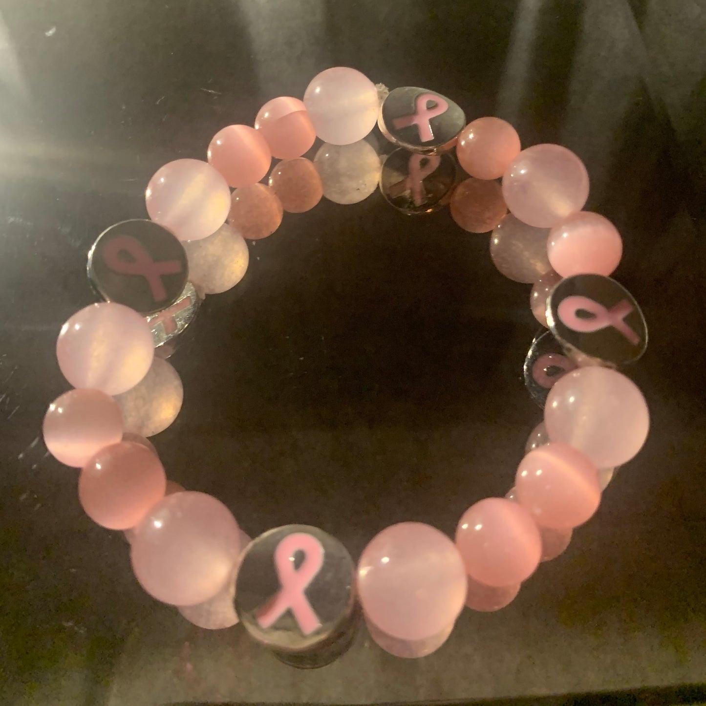 Bracelet/Breast Cancer Awareness Bracelet, Shades of PINK Glass Beads Accented with PINK Ribbon Spacers.