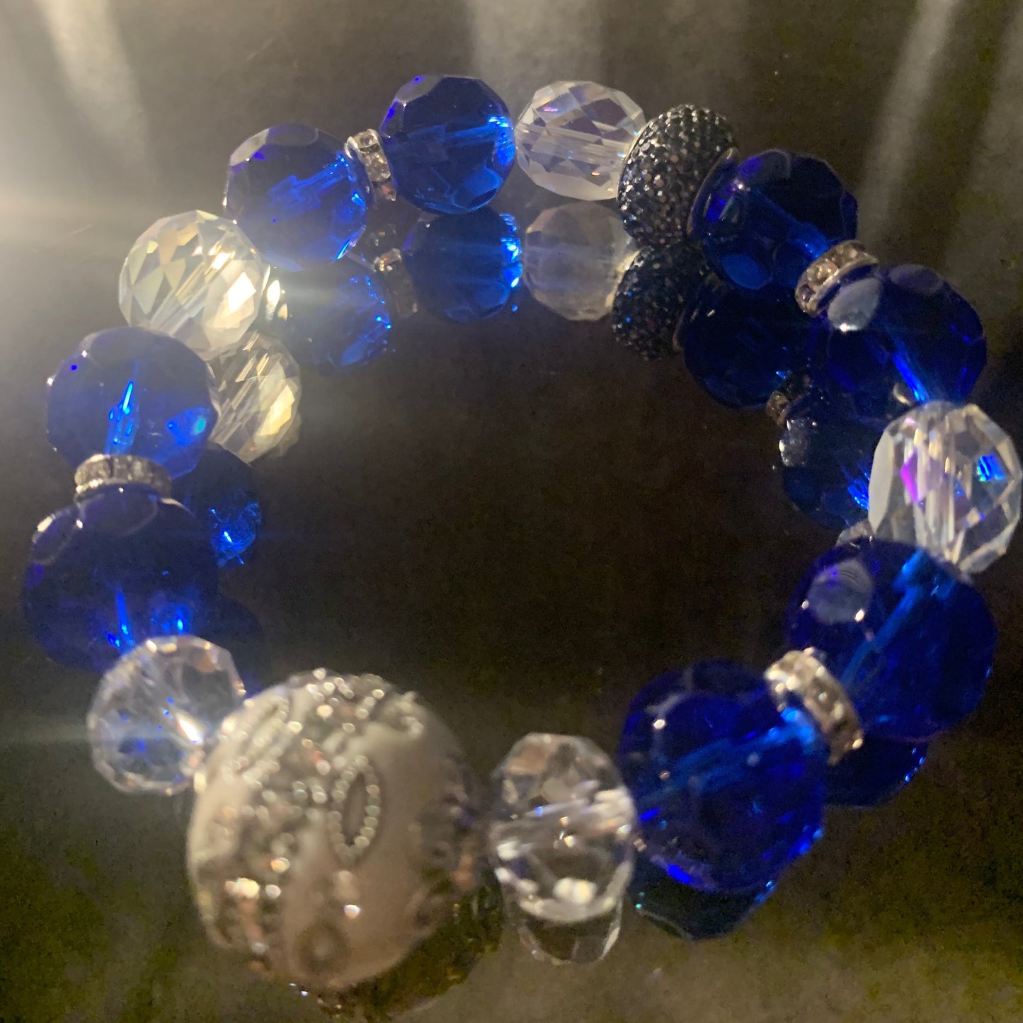 Bracelet/Zeta Phi Beta Sorority Trendy Fashion Bracelet of Blue and White Glass Beads, Accent Bead, Rhinstone and Pave' Spacers.