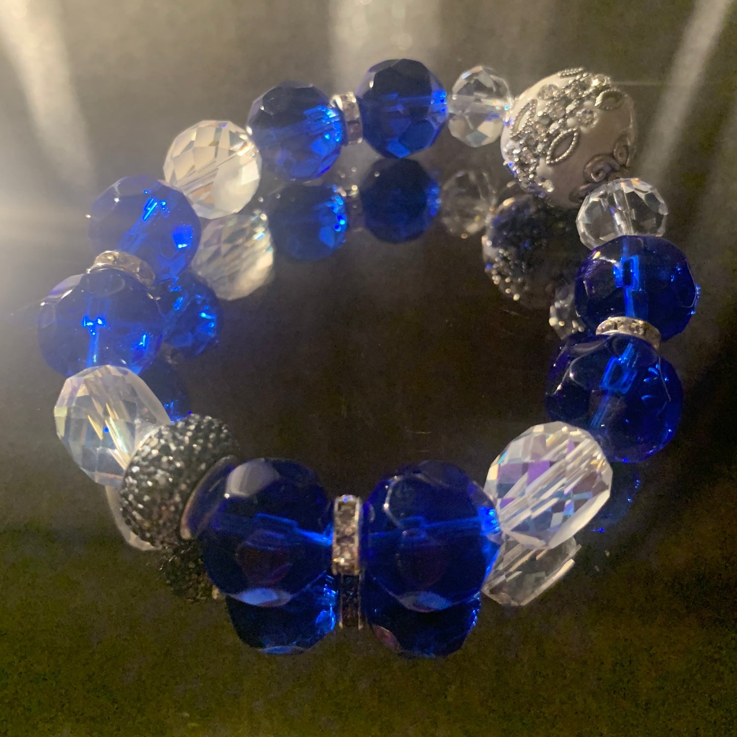 Bracelet/Zeta Phi Beta Sorority Trendy Fashion Bracelet of Blue and White Glass Beads, Accent Bead, Rhinstone and Pave' Spacers.