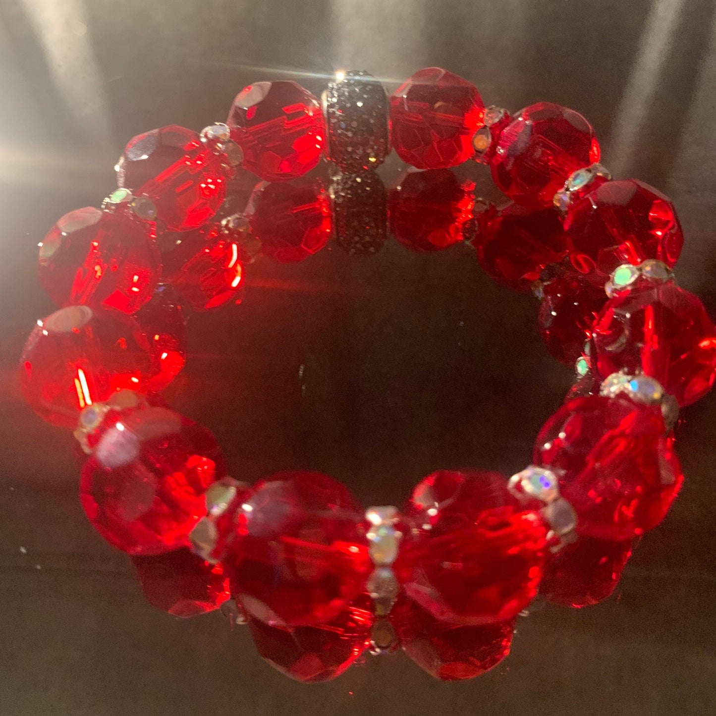 Bracelet/ Delta Sigma Theta Sorority Stylish Fashion Bracelet of Red and White Glass Beads with Rhinestone Spacers.