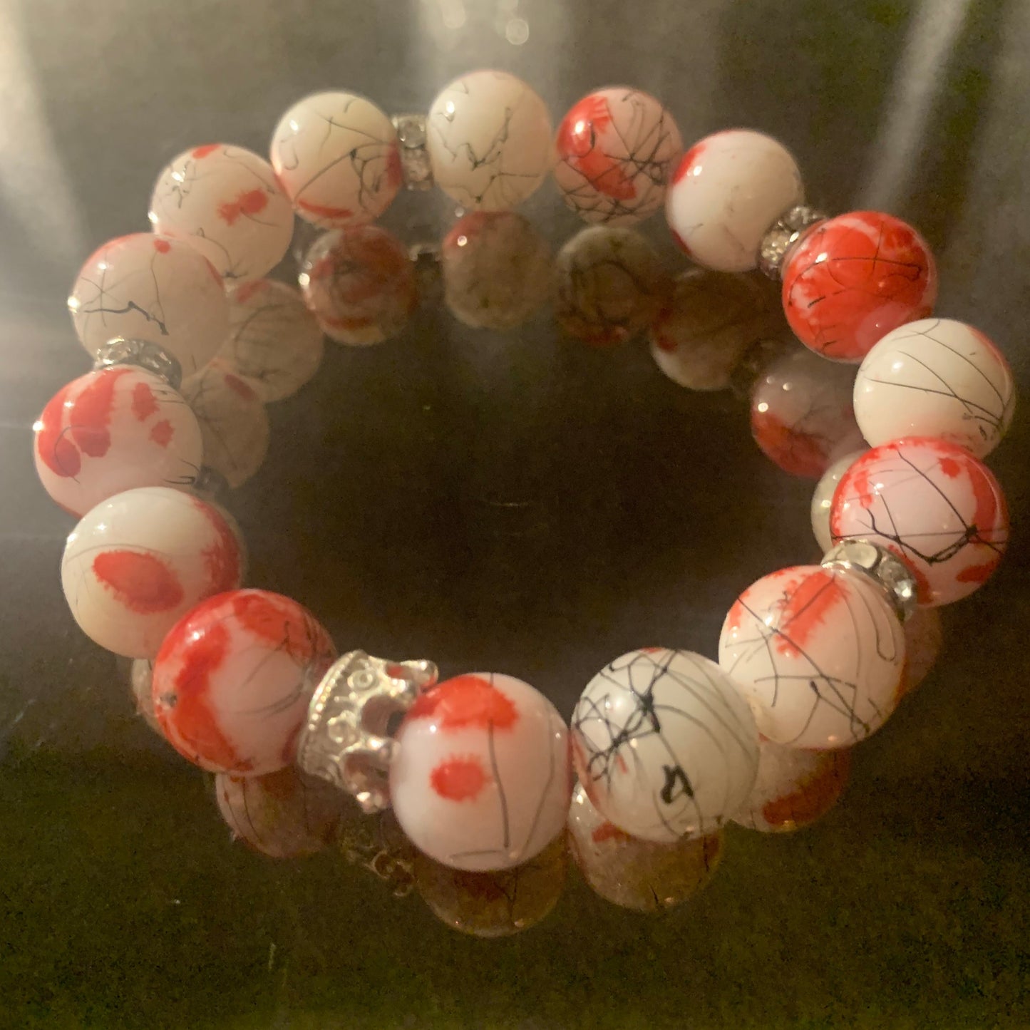 Bracelet/ Delta Sigma Theta Sorority Stylish Fashion Bracelet of Red and White Glass Beads with Rhinestone Spacers.