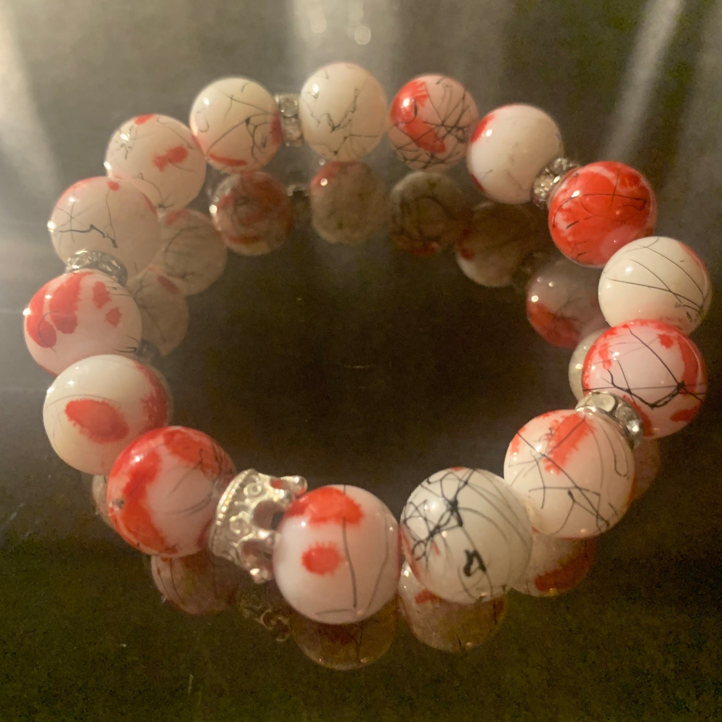 Bracelet/ Arm Candy of White Chalk Graffiti Glass Beads with Mini Rhinestone Spacers.