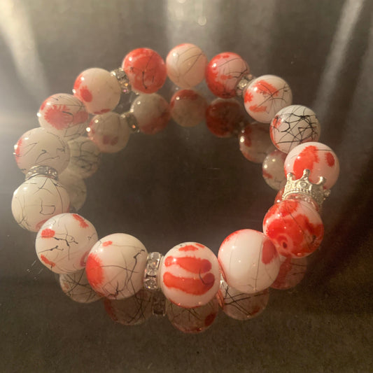 Bracelet/Graffiti Print Fashion Bracelet of Red and White Glass Beads, Silver Crown, and Mini Rhinestone Spacers.