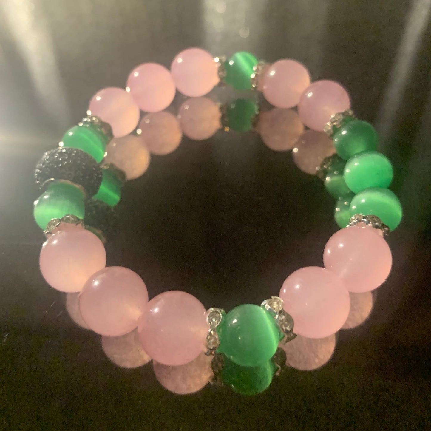 Bracelet/Alpha Kappa Alpha Sorority High Fashion Arm Candy of Pink and Green Glass Beads with Mini Rhinestone and Pave' Spacers.