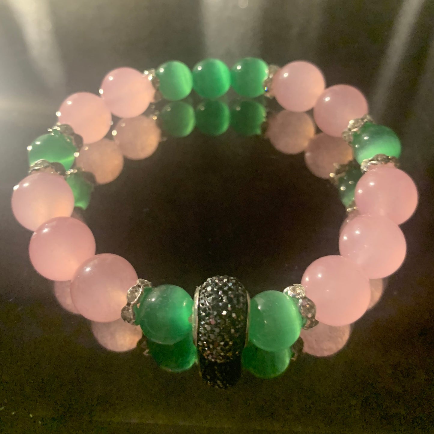 Bracelet/Alpha Kappa Alpha Sorority High Fashion Arm Candy of Pink and Green Glass Beads with Mini Rhinestone and Pave' Spacers.