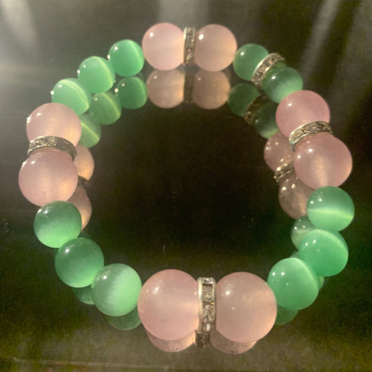 Bracelet/Alpha Kappa Alpha Sorority High Fashion Arm Candy of Pink and Green Glass Beads with Rhinestone Spacers.