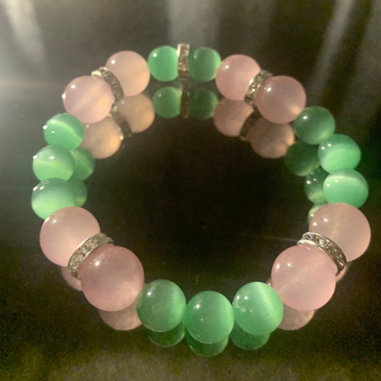 Bracelet/Alpha Kappa Alpha Sorority High Fashion Arm Candy of Pink and Green Glass Beads with Rhinestone Spacers.