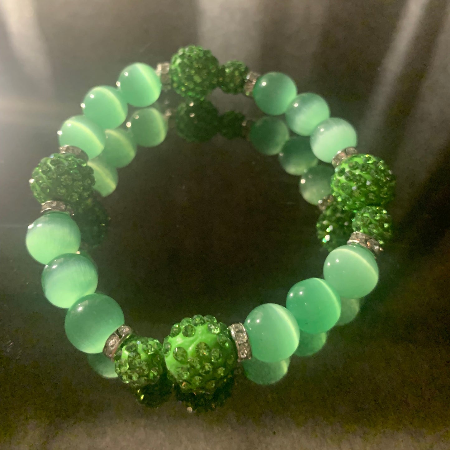 Bracelet/Alpha Kappa Alpha Sorority High Fashion Arm Candy of Green Glass and Bling Pave' Beads with Mini Rhinestone Spacers.