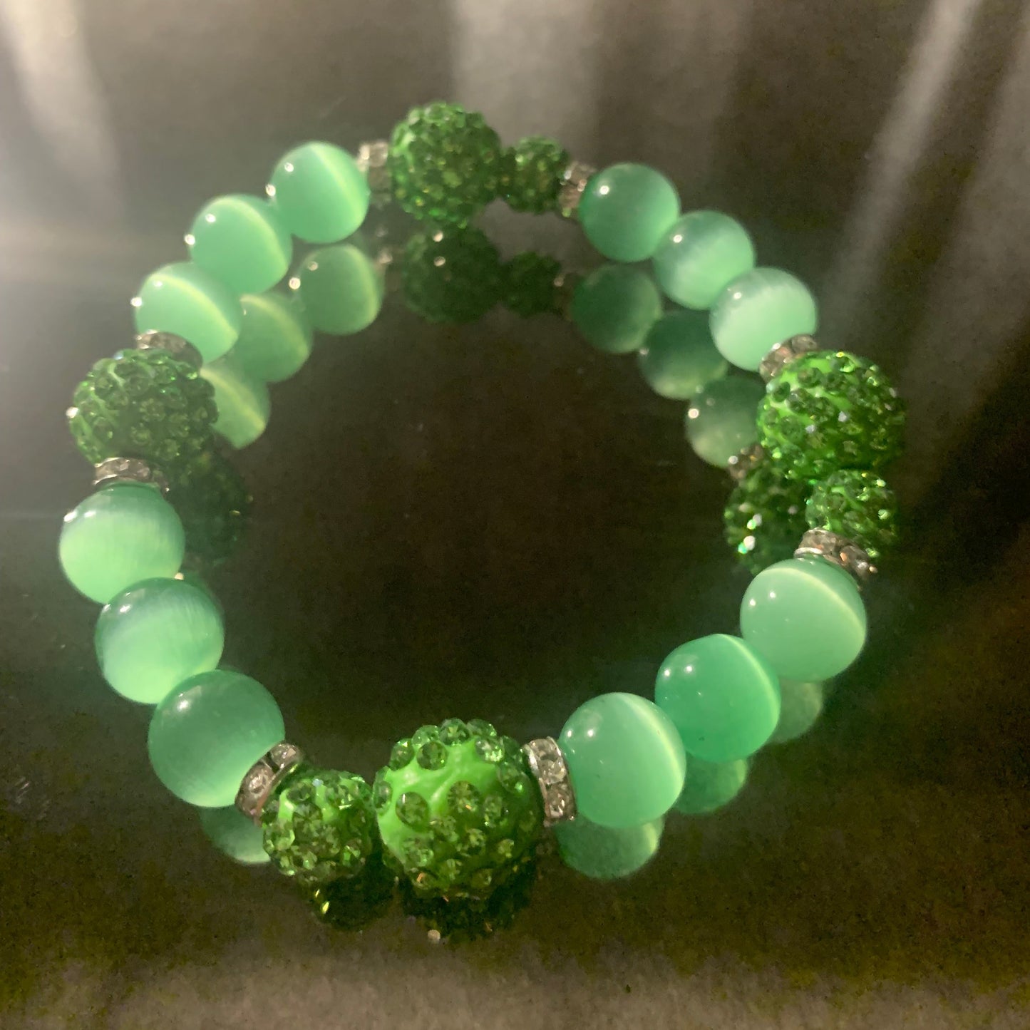 Bracelet/Alpha Kappa Alpha Sorority High Fashion Arm Candy Deep Green Glass and Bling Pave' Beads with Mini Rhinestone Spacers.