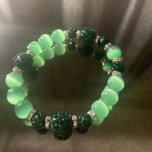 Bracelet/Alpha Kappa Alpha Sorority High Fashion Arm Candy Deep Green Glass and Bling Pave' Beads with Mini Rhinestone Spacers.