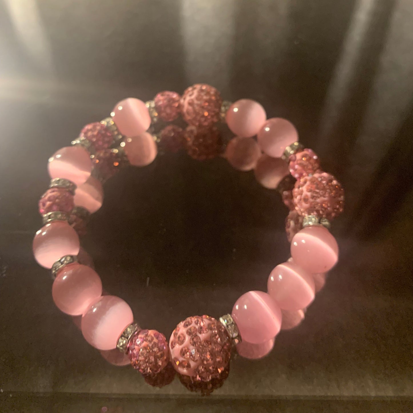 Bracelet/Alpha Kappa Alpha Sorority High Fashion Arm Candy of PINK Glass and Bling Pave' Beads with Mini Rhinestone Spacers.