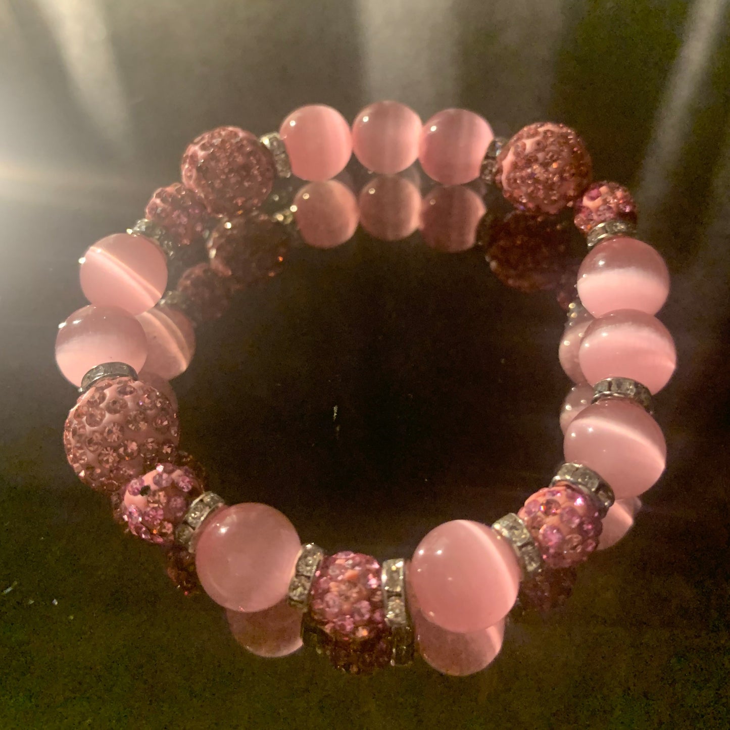 Bracelet/Alpha Kappa Alpha Sorority High Fashion Arm Candy of PINK Glass and Bling Pave' Beads with Mini Rhinestone Spacers.