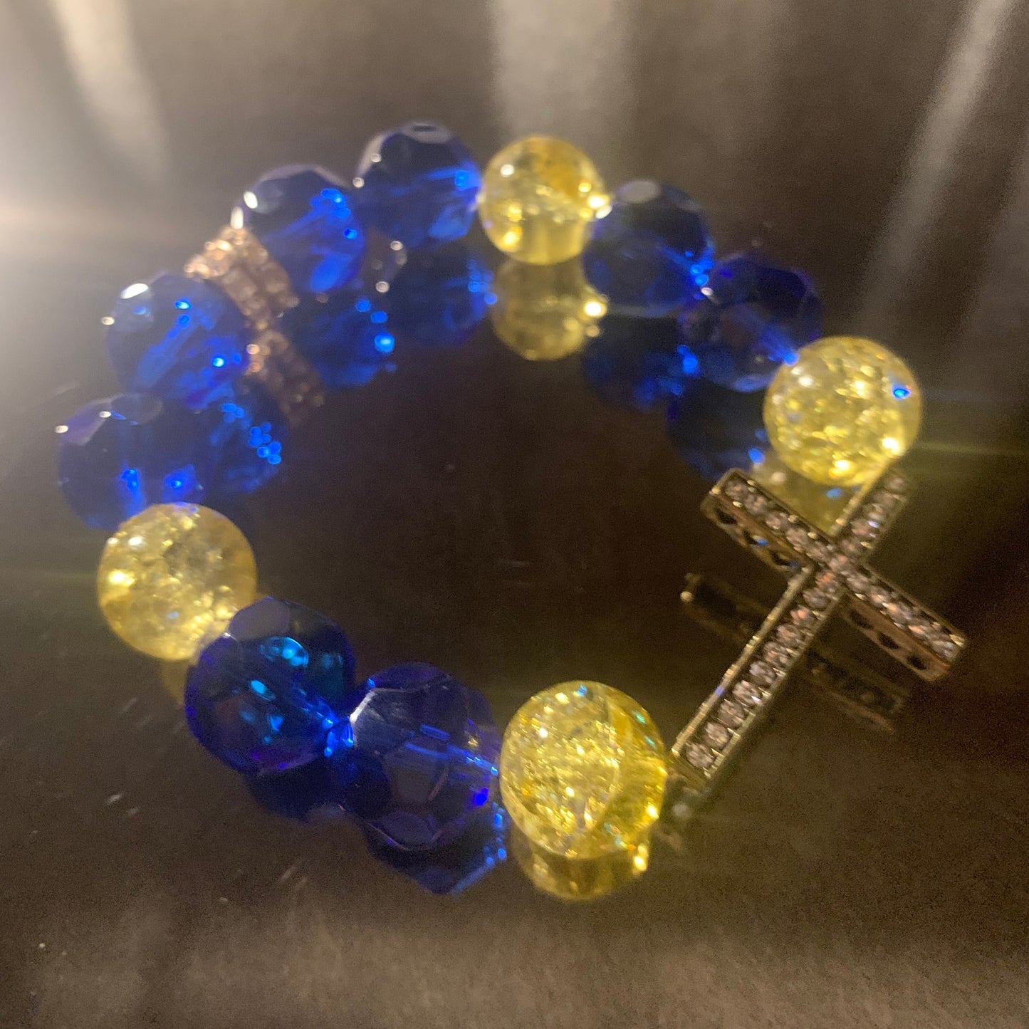 Bracelet/Sigma Gamma Rho Sorority Royality Arm Candy of Blue and Gold Glass Beads with Rhinestone Cross and Crown Accent Charms.