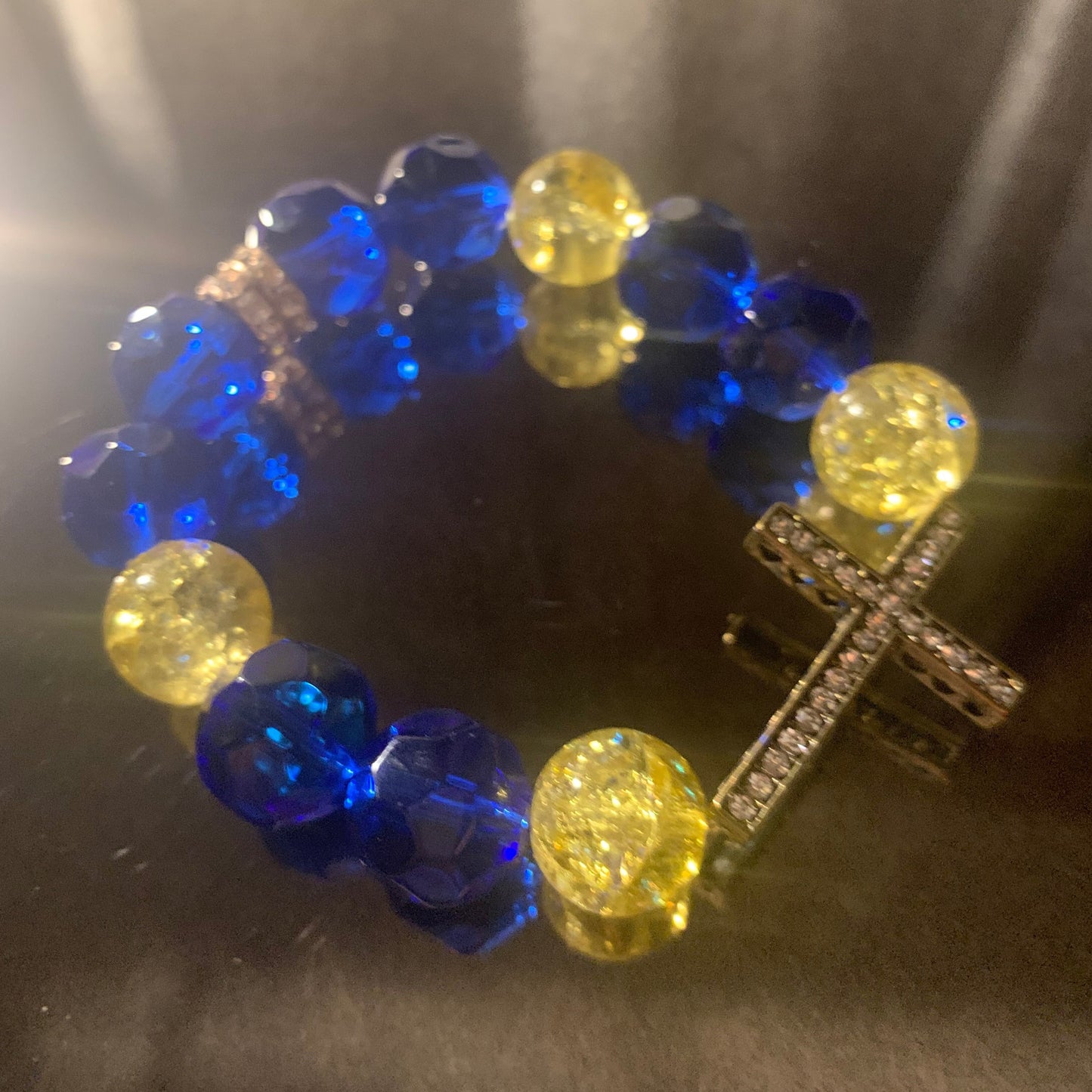 Bracelet/Sigma Gamma Rho Sorority Royality Arm Candy of Blue and Gold Glass Beads with Rhinestone Spacers and Cross Charm.