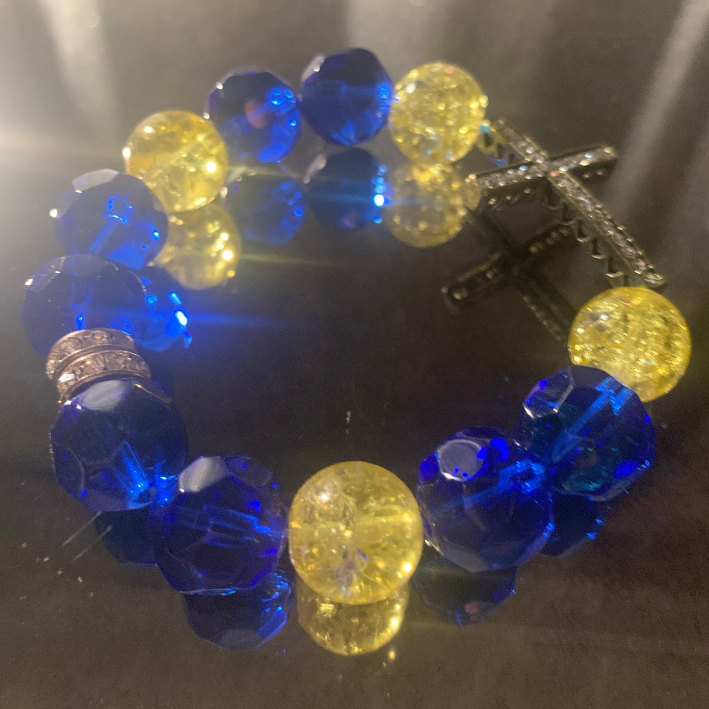 Bracelet/Sigma Gamma Rho Sorority Royality Arm Candy of Blue and Gold Glass Beads with Rhinestone Spacers and Cross Charm.