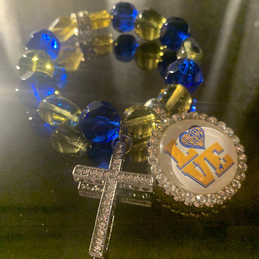 Bracelet/Sigma Gamma Rho Sorority Stunning Arm Candy of Blue and Gold Glass Beads with Rhinestone Cross and Accent Charms.