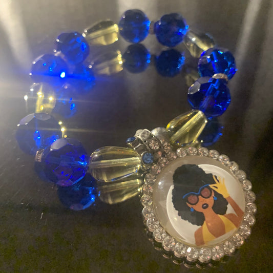 Bracelet/Sigma Gamma Rho Sorority Stunning Arm Candy of Blue and Gold Glass Beads with Rhinestone Accent Charm.