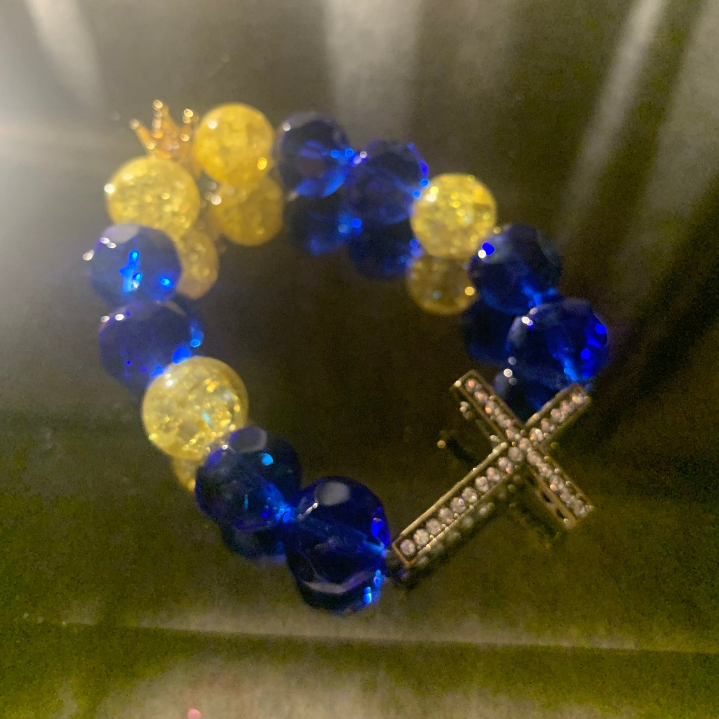 Bracelet/Sigma Gamma Rho Sorority Royality Arm Candy of Blue and Gold Glass Beads with Rhinestone Cross and Crown Accent Charms.