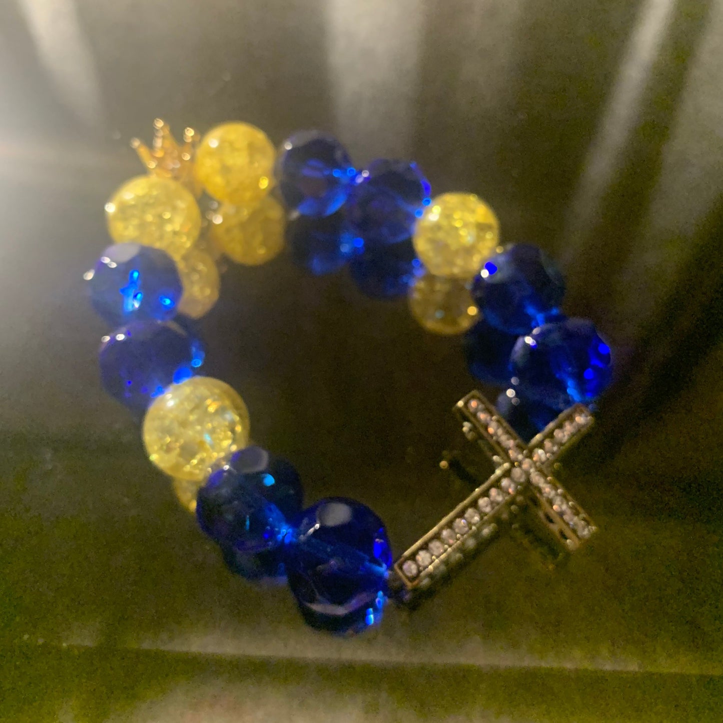 Bracelet/Sigma Gamma Rho Sorority Royality Arm Candy of Blue and Gold Glass Beads with Rhinestone Spacers and Cross Charm.